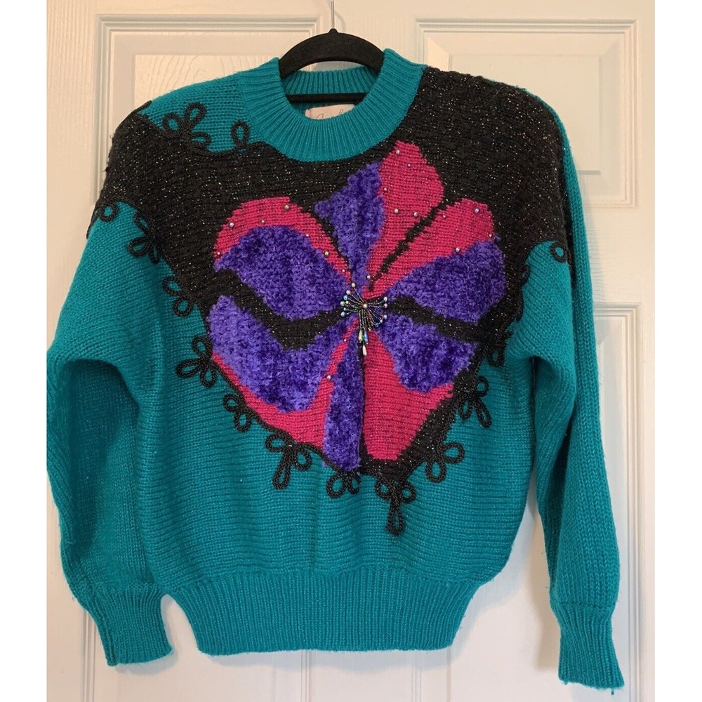 Vintage Jaclyn Smith Medium Chenille Embellished Pearl Sweater Jewel Tones